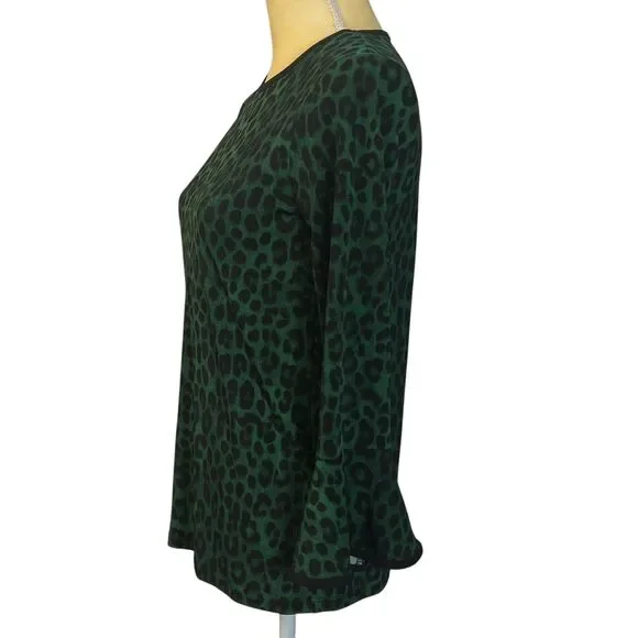 Michael Kors Women's Leopard Print Bell Sleeve Top Green Black Size XS Stretch - Picture 9 of 12